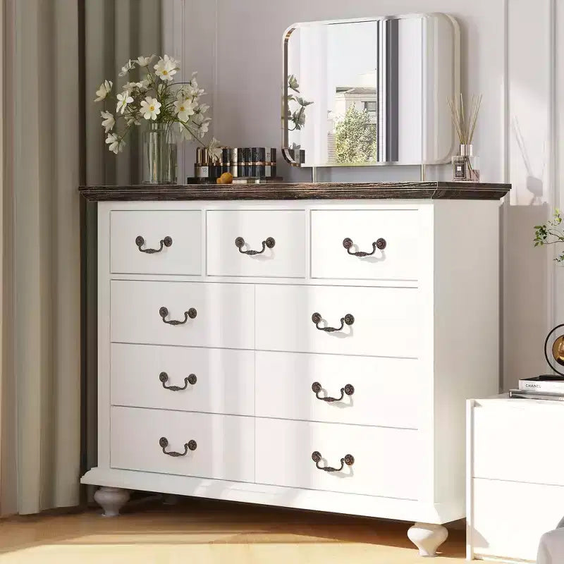 Commode à 9 tiroirs, commode rustique en bois avec poignées en métal, organisateur de rangement pour chambre à coucher, salon
