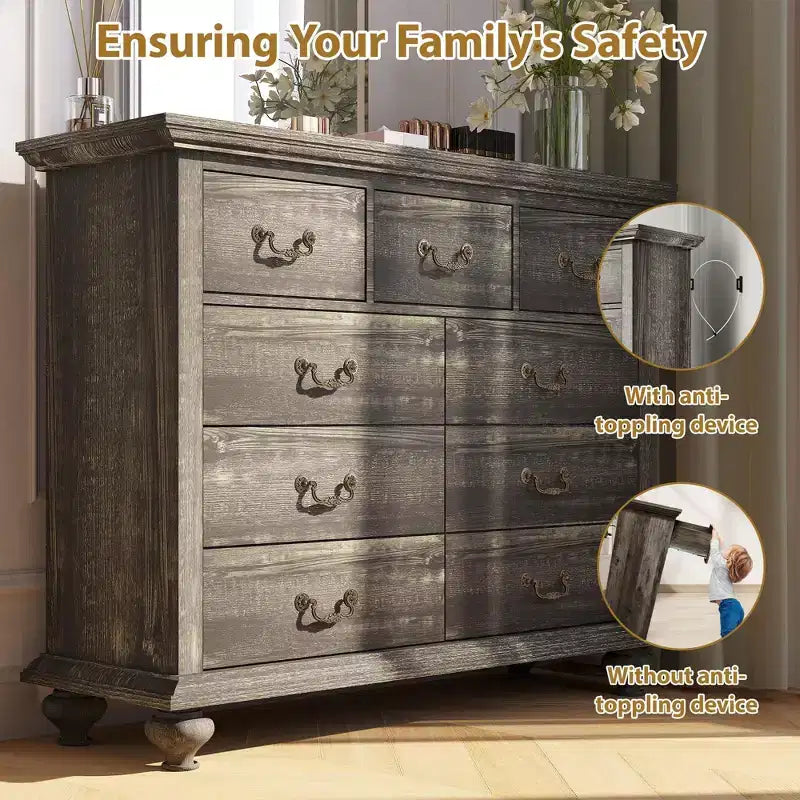 Commode à 9 tiroirs, commode rustique en bois avec poignées en métal, organisateur de rangement pour chambre à coucher, salon