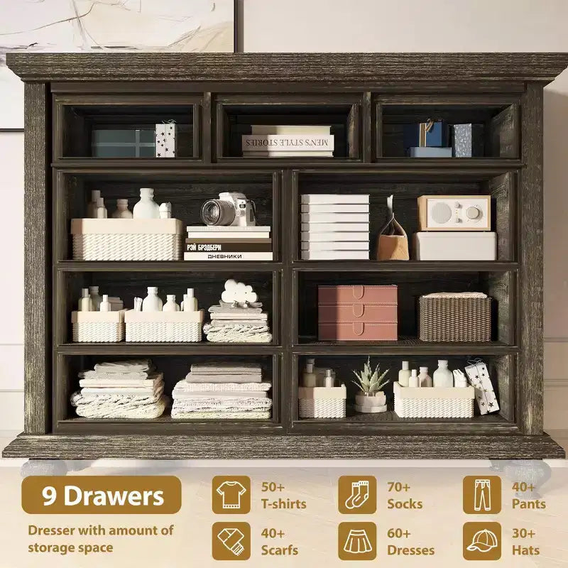 Commode à 9 tiroirs, commode rustique en bois avec poignées en métal, organisateur de rangement pour chambre à coucher, salon