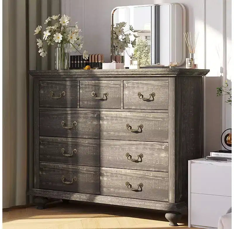 Commode à 9 tiroirs, commode rustique en bois avec poignées en métal, organisateur de rangement pour chambre à coucher, salon