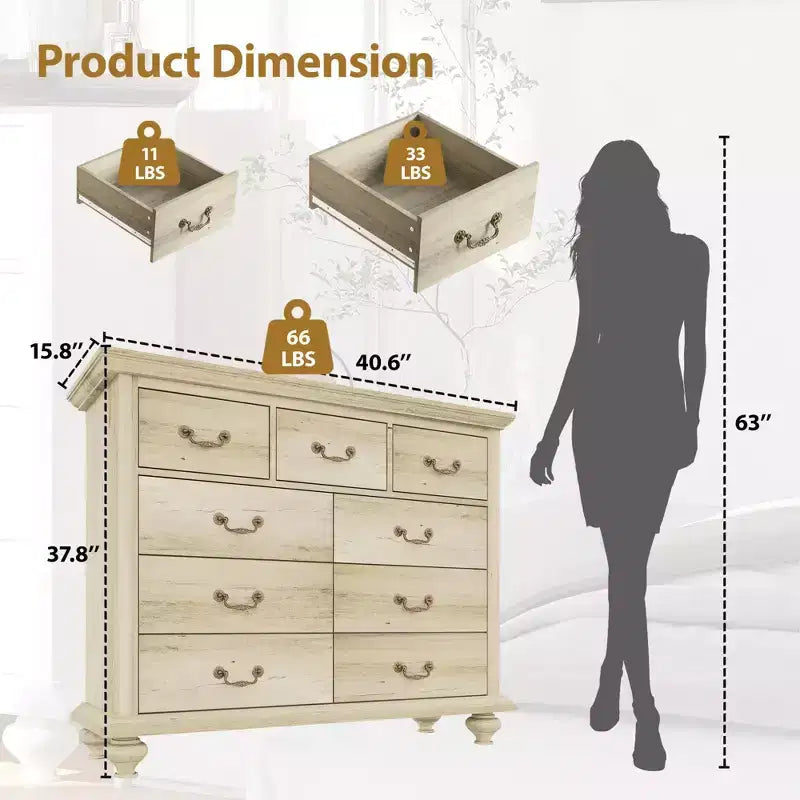 Commode à 9 tiroirs, commode rustique en bois avec poignées en métal, organisateur de rangement pour chambre à coucher, salon