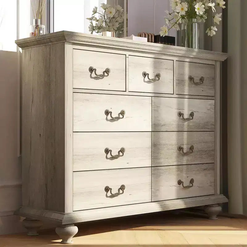 Commode à 9 tiroirs, commode rustique en bois avec poignées en métal, organisateur de rangement pour chambre à coucher, salon