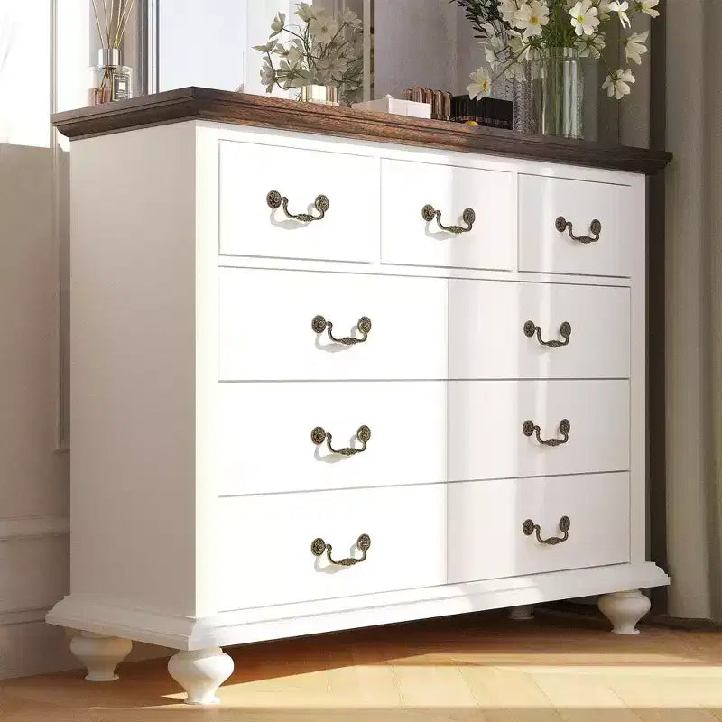 Commode à 9 tiroirs, commode rustique en bois avec poignées en métal, organisateur de rangement pour chambre à coucher, salon