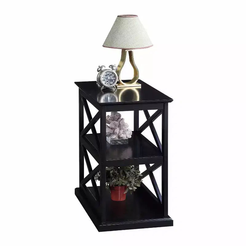 Table d'appoint avec étagères, cadre double en X, rangement à trois niveaux, noire