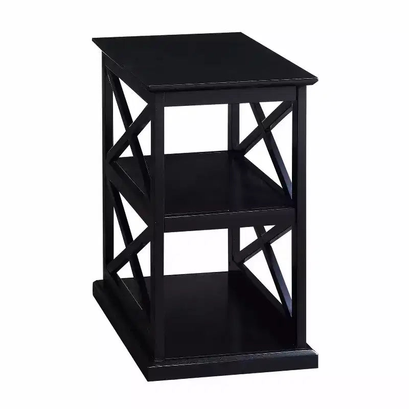 Table d'appoint avec étagères, cadre double en X, rangement à trois niveaux, noire