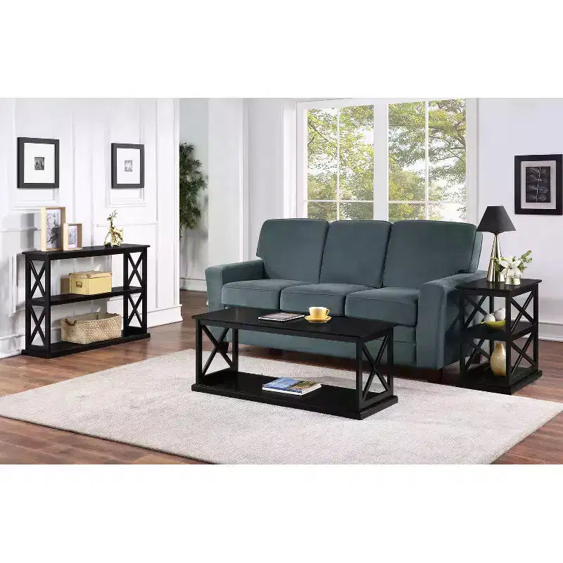 Table d'appoint avec étagères, cadre double en X, rangement à trois niveaux, noire