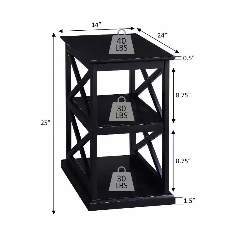 Table d'appoint avec étagères, cadre double en X, rangement à trois niveaux, noire