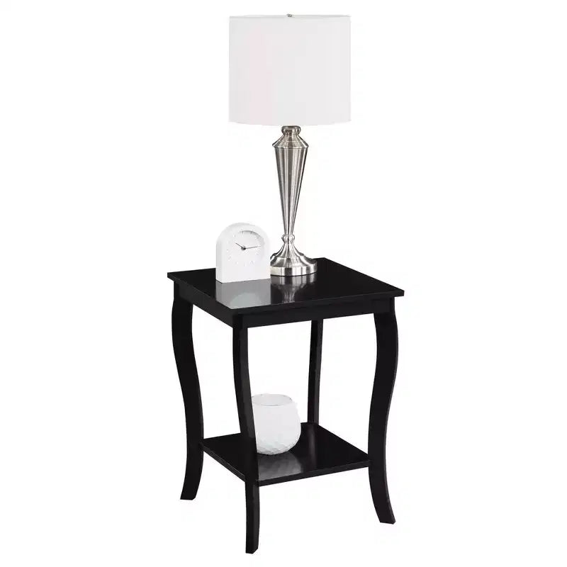 Table d'appoint carrée avec deux étagères, style classique de transition, noire