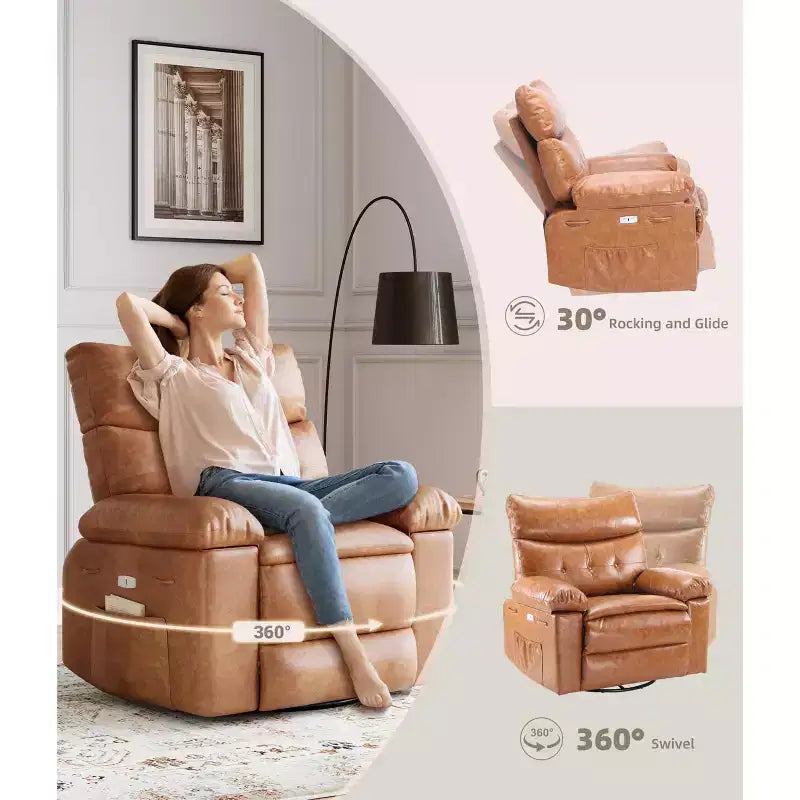 Fauteuil inclinable, pivotant et berçant extra-large avec massage, planeur rembourré