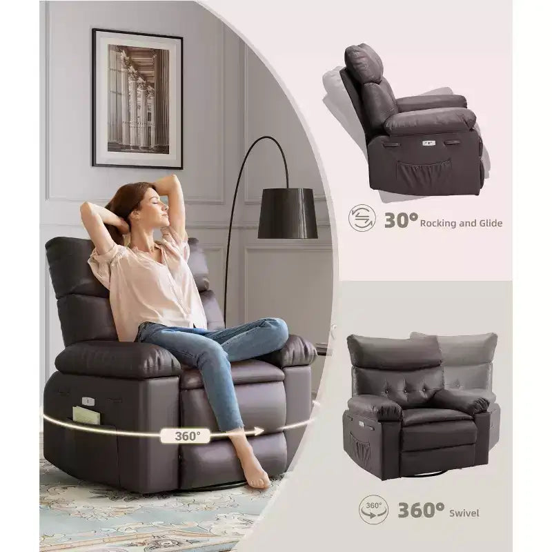 Fauteuil inclinable, pivotant et berçant extra-large avec massage, planeur rembourré