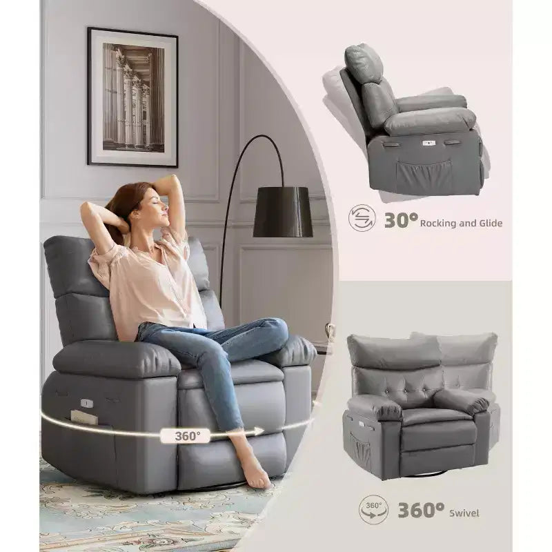 Fauteuil inclinable, pivotant et berçant extra-large avec massage, planeur rembourré