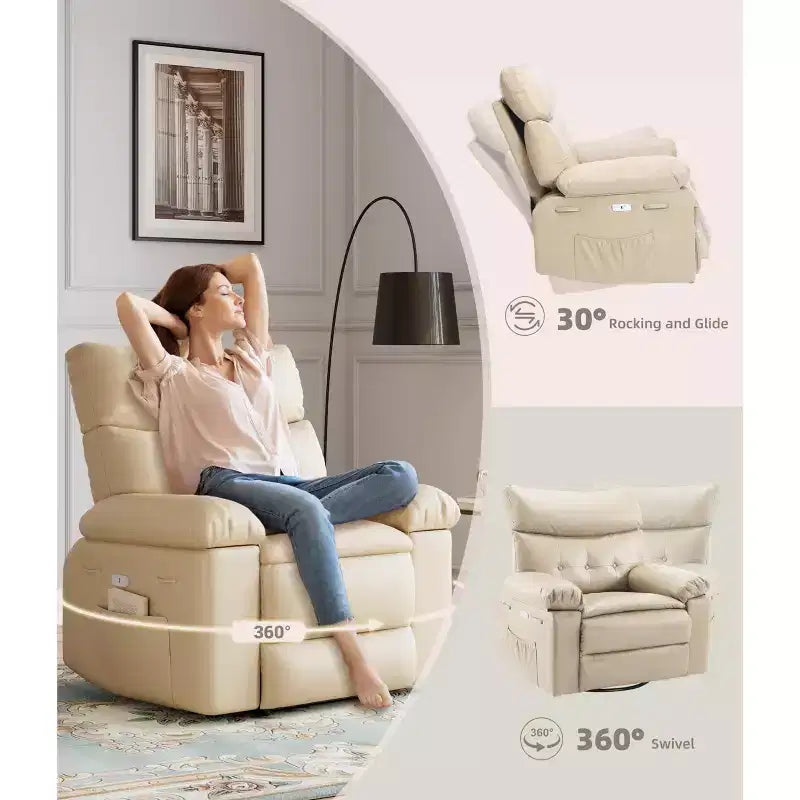 Fauteuil inclinable, pivotant et berçant extra-large avec massage, planeur rembourré