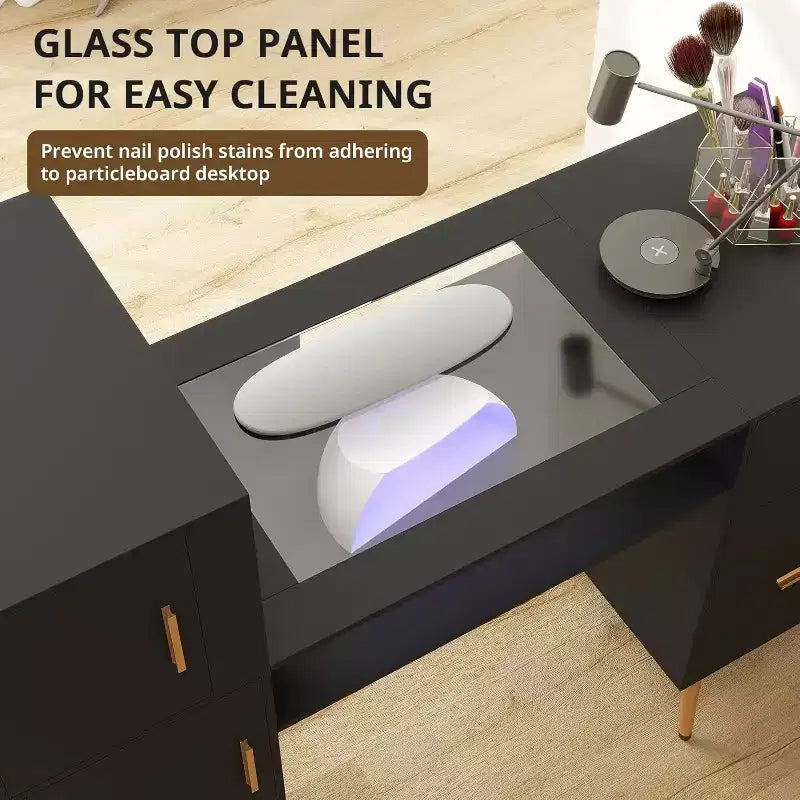 Table à ongles portable avec tiroirs, plateau en verre et repose-poignets, pieds en métal