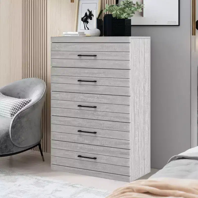 Commode 5 tiroirs avec verrouillage de sécurité, Chêne gris poussiéreux