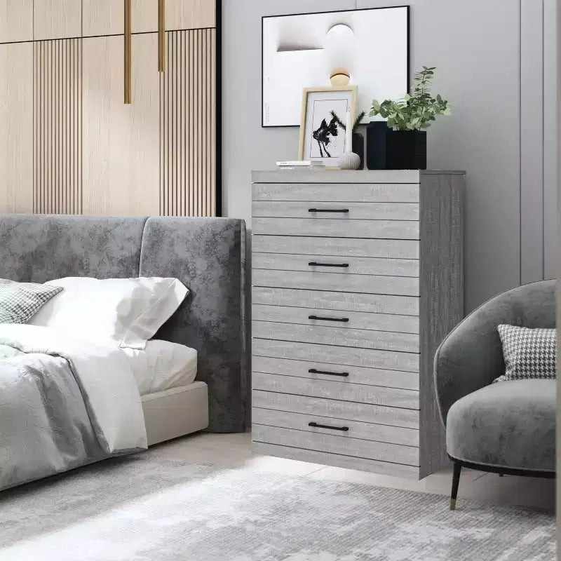 Commode 5 tiroirs avec verrouillage de sécurité, Chêne gris poussiéreux