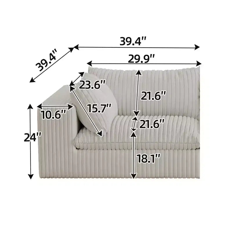 Canapé nuage de 300 cm, velours côtelé blanc, assise profonde, coussin amovible, aucun assemblage requis