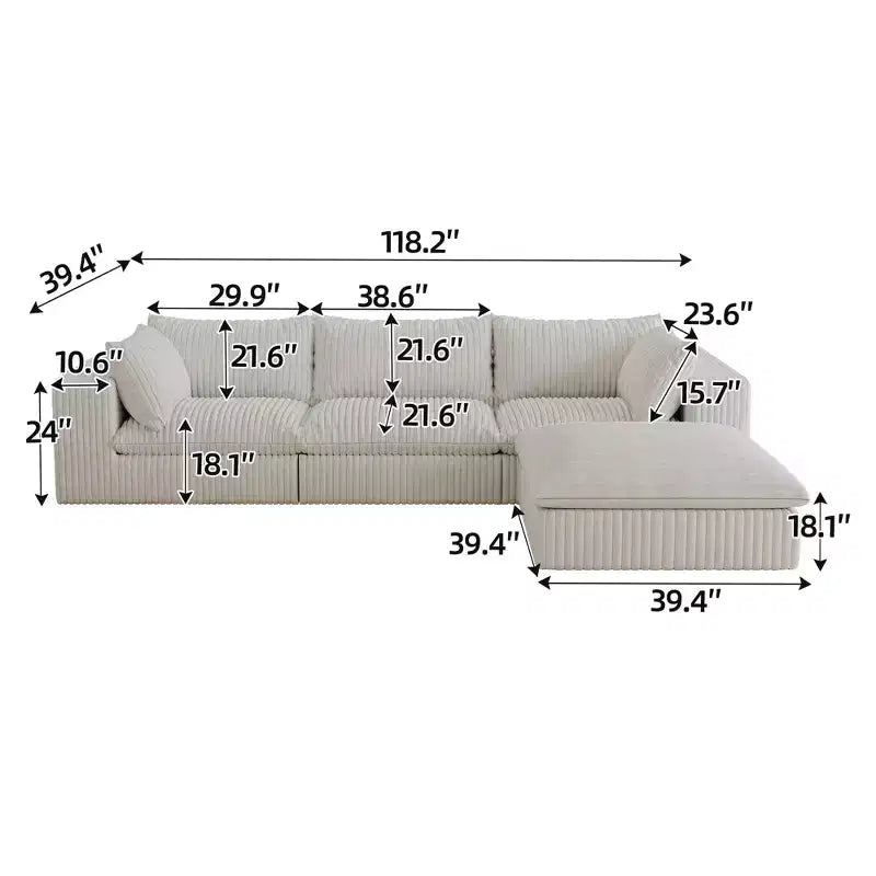 Canapé nuage de 300 cm, velours côtelé blanc, assise profonde, coussin amovible, aucun assemblage requis