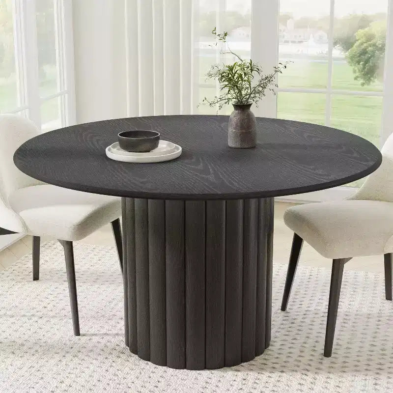 Table à manger ronde en bois de 52 pouces pour 4 à 6 personnes, piédestal cannelé, noire