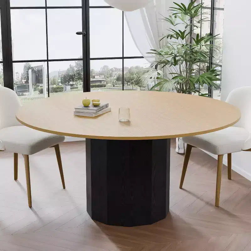 Table de salle à manger ronde en bois massif de 60" pour 6-8 personnes, piètement cylindrique, couleur naturelle