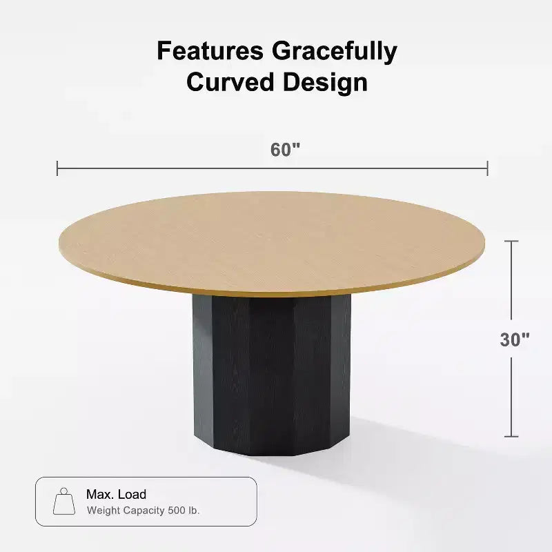 Table de salle à manger ronde en bois massif de 60" pour 6-8 personnes, piètement cylindrique, couleur naturelle