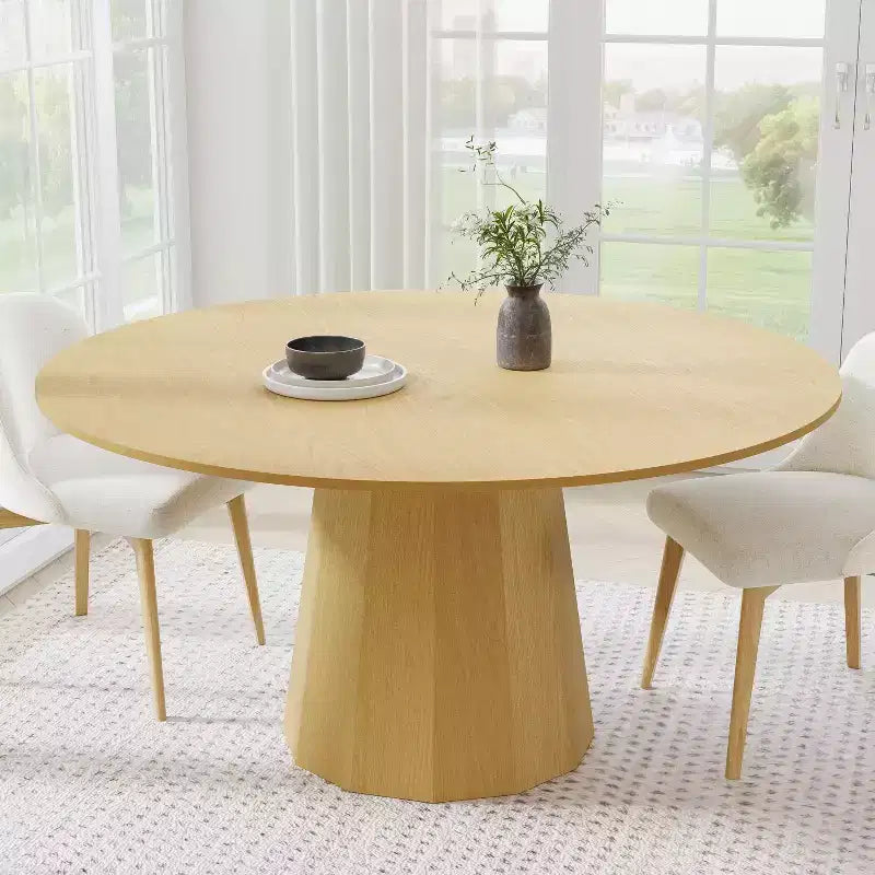 Table à manger ronde 60" en bois massif pour 6-8 personnes, piètement conique, naturelle