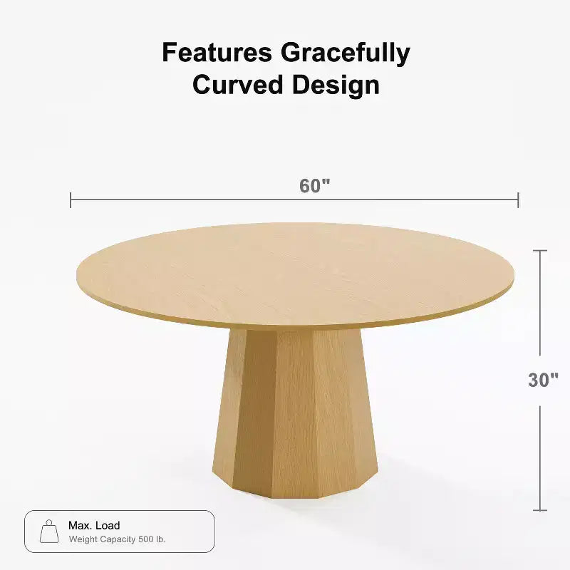 Table à manger ronde 60" en bois massif pour 6-8 personnes, piètement conique, naturelle