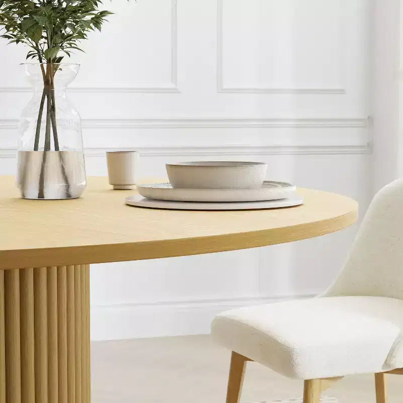 Table à manger ronde 60" en bois massif pour 6-8 personnes, piètement conique, naturelle