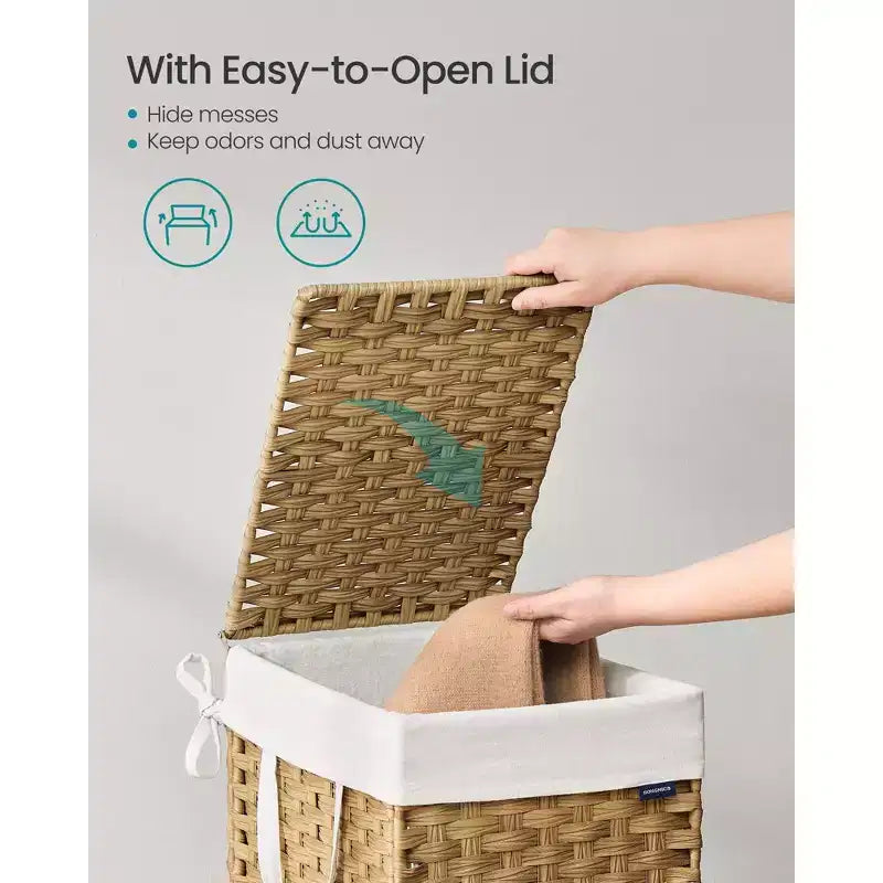 Panier à linge pliable avec couvercle et sac amovible, panier en rotin synthétique de 36 litres pour petits espaces, jaune oie