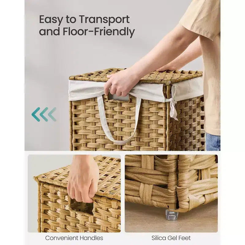 Panier à linge pliable avec couvercle et sac amovible, panier en rotin synthétique de 36 litres pour petits espaces, jaune oie