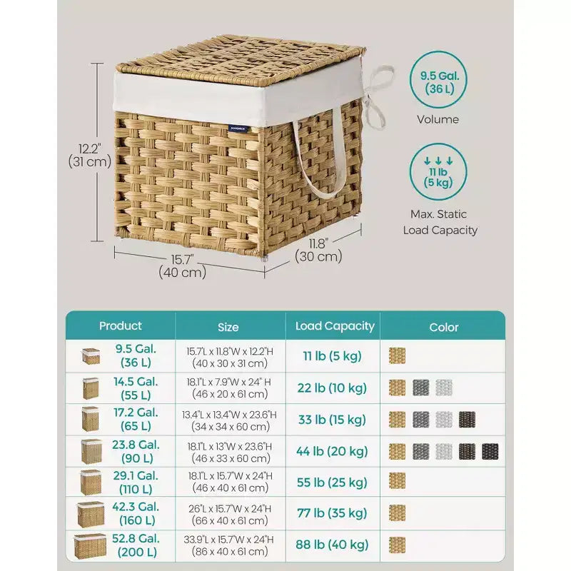 Panier à linge pliable avec couvercle et sac amovible, panier en rotin synthétique de 36 litres pour petits espaces, jaune oie