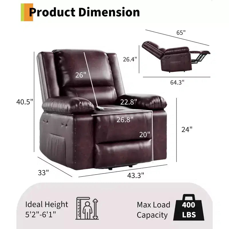 Fauteuil inclinable électrique surdimensionné avec fonction de levage - Chauffage et massage, fauteuil inclinable électrique en cuir PU pour personnes âgées et à mobilité réduite, fauteuil releveur robuste