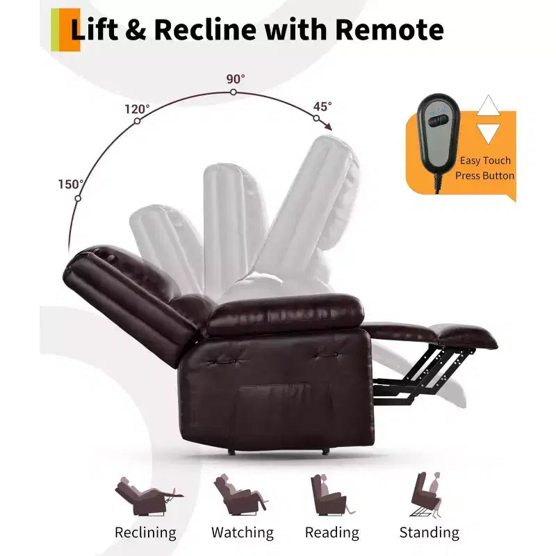 Fauteuil inclinable électrique surdimensionné avec fonction de levage - Chauffage et massage, fauteuil inclinable électrique en cuir PU pour personnes âgées et à mobilité réduite, fauteuil releveur robuste