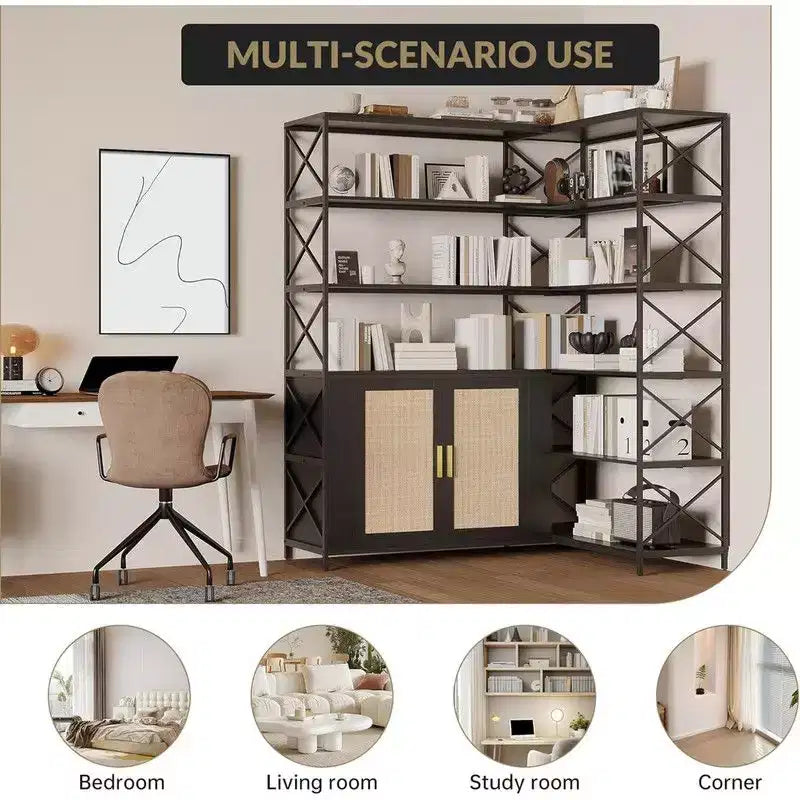 Étagère d'angle à 6 niveaux, Bibliothèque étagère industrielle, Grande étagère de rangement et de présentation en forme de L pour bureau, salon, cuisine