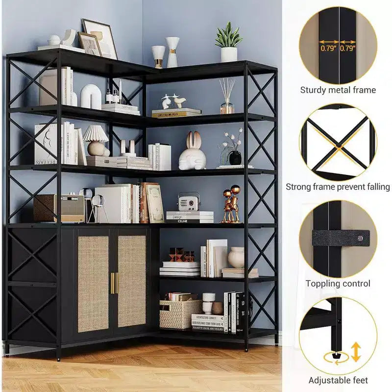 Étagère d'angle à 6 niveaux, Bibliothèque étagère industrielle, Grande étagère de rangement et de présentation en forme de L pour bureau, salon, cuisine