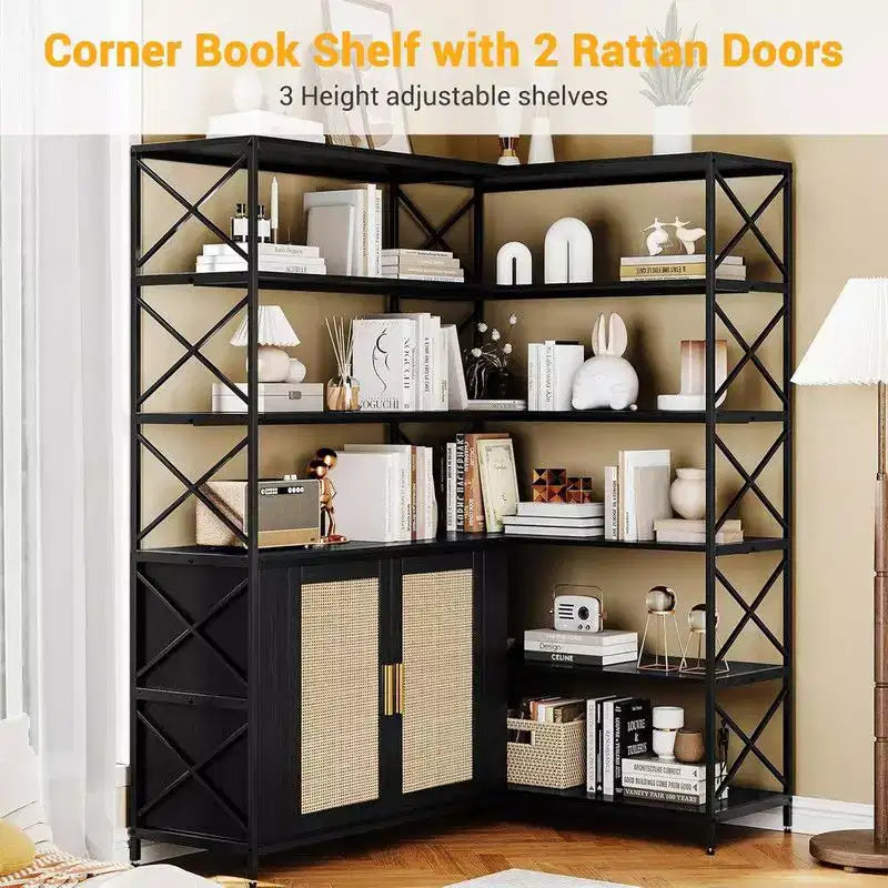 Étagère d'angle à 6 niveaux, Bibliothèque étagère industrielle, Grande étagère de rangement et de présentation en forme de L pour bureau, salon, cuisine