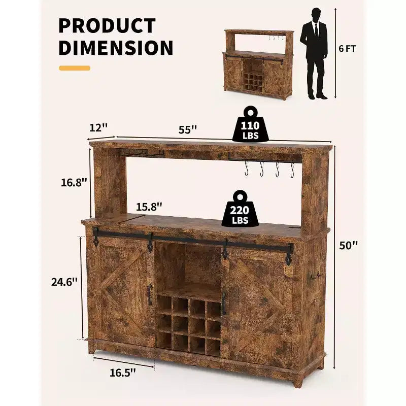 Meuble de bar à café de ferme de 55" avec prise de courant et lumières LED - Porte coulissante de grange, casier à vin, station de recharge USB | Noir/Marron/Blanc