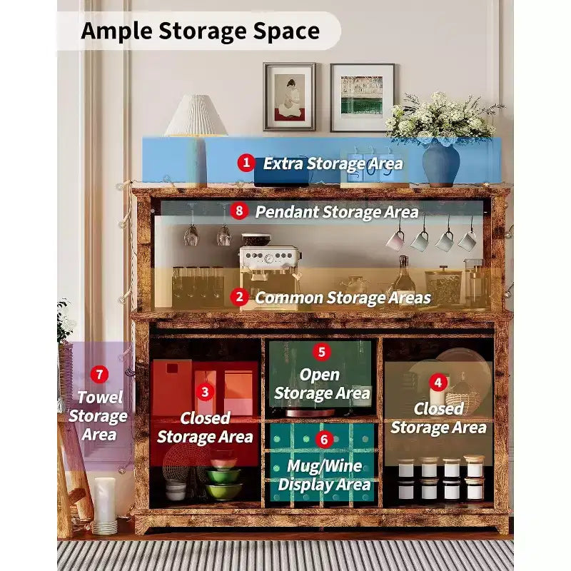 Meuble de bar à café de ferme de 55" avec prise de courant et lumières LED - Porte coulissante de grange, casier à vin, station de recharge USB | Noir/Marron/Blanc
