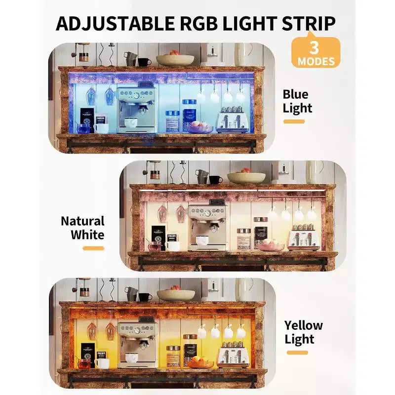Meuble de bar à café de ferme de 55" avec prise de courant et lumières LED - Porte coulissante de grange, casier à vin, station de recharge USB | Noir/Marron/Blanc