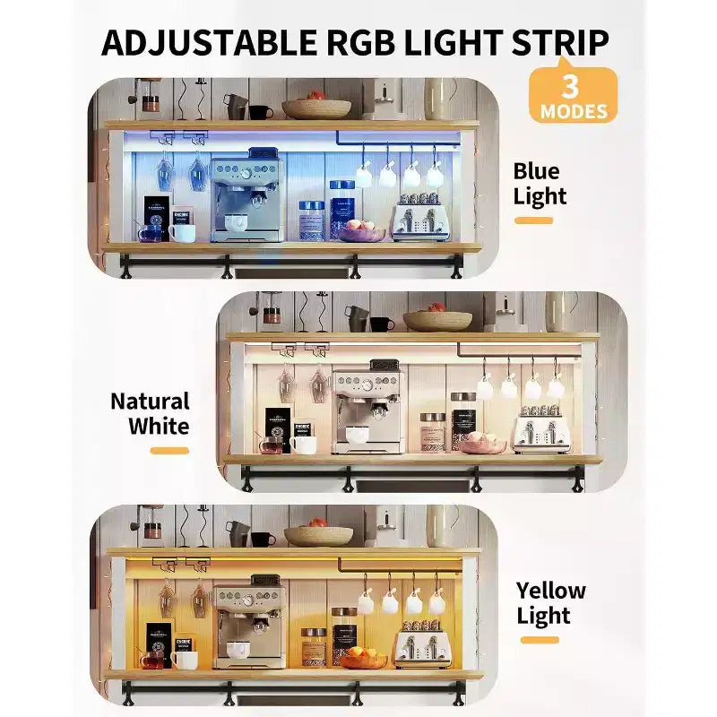 Meuble de bar à café de ferme de 55" avec prise de courant et lumières LED - Porte coulissante de grange, casier à vin, station de recharge USB | Noir/Marron/Blanc