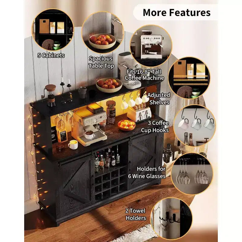 Meuble de bar à café de ferme de 55" avec prise de courant et lumières LED - Porte coulissante de grange, casier à vin, station de recharge USB | Noir/Marron/Blanc