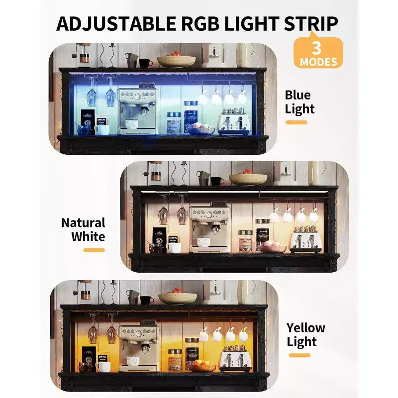 Meuble de bar à café de ferme de 55" avec prise de courant et lumières LED - Porte coulissante de grange, casier à vin, station de recharge USB | Noir/Marron/Blanc