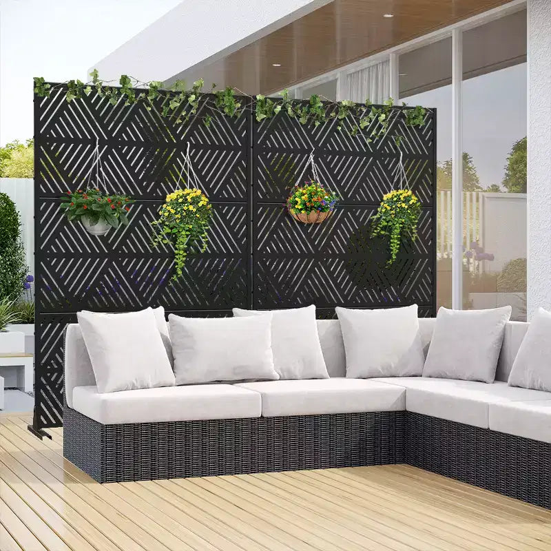Écran triangulaire prismatique en acier galvanisé noir - Séparateur décoratif d'intimité autoportant extérieur et intérieur