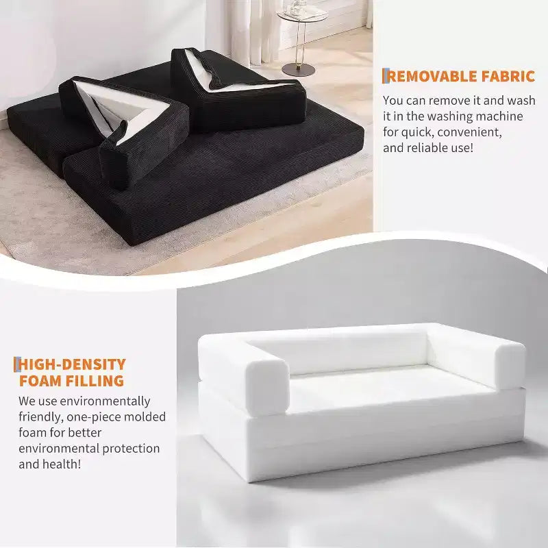 Canapé-lit convertible 200 cm avec oreillers, canapé de sol 5-en-1 en velours côtelé, causeuse matelas pliant avec cadre à forme fixe, aucun assemblage requis