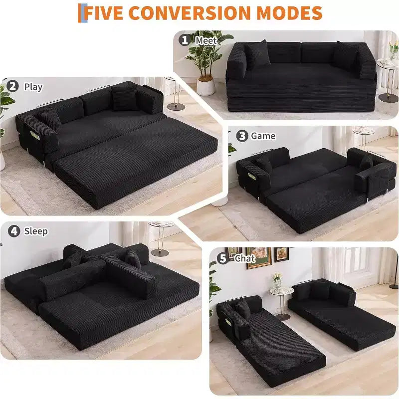Canapé-lit convertible 200 cm avec oreillers, canapé de sol 5-en-1 en velours côtelé, causeuse matelas pliant avec cadre à forme fixe, aucun assemblage requis