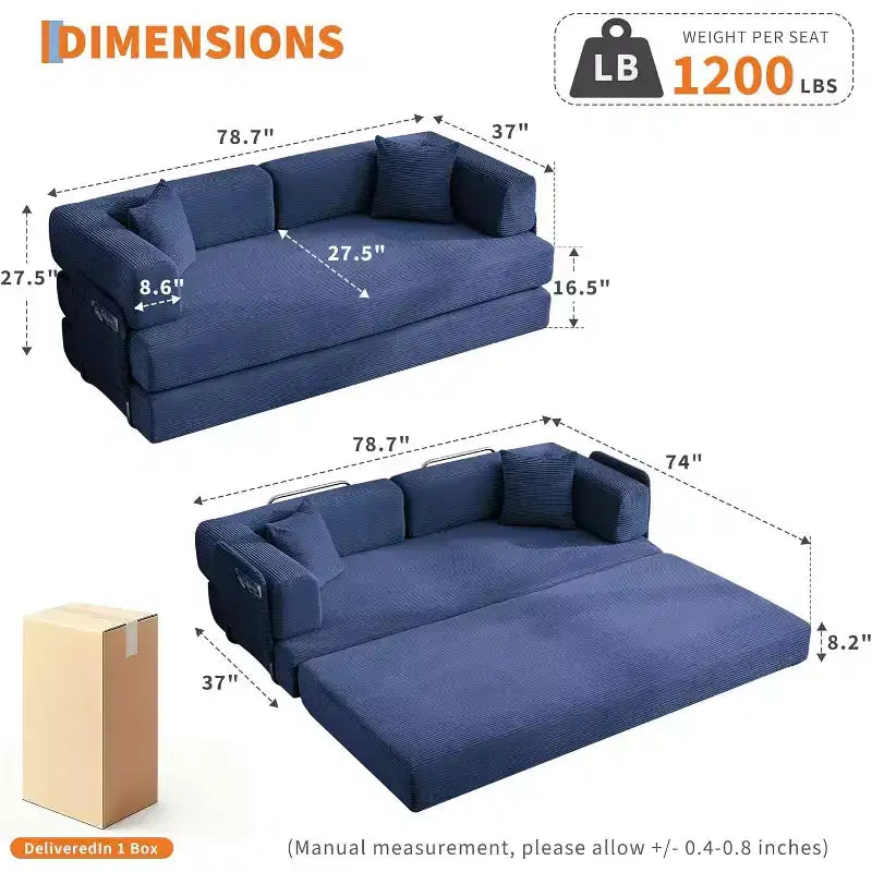Canapé-lit convertible 200 cm avec oreillers, canapé de sol 5-en-1 en velours côtelé, causeuse matelas pliant avec cadre à forme fixe, aucun assemblage requis