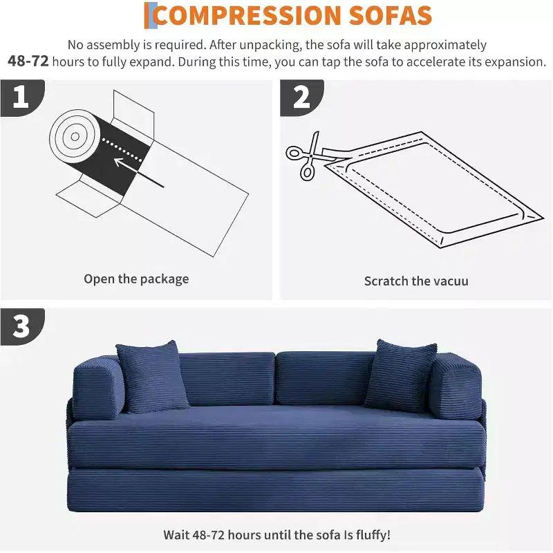 Canapé-lit convertible 200 cm avec oreillers, canapé de sol 5-en-1 en velours côtelé, causeuse matelas pliant avec cadre à forme fixe, aucun assemblage requis