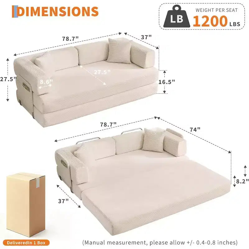Canapé-lit convertible 200 cm avec oreillers, canapé de sol 5-en-1 en velours côtelé, causeuse matelas pliant avec cadre à forme fixe, aucun assemblage requis