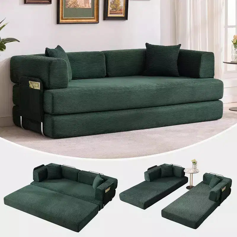 Canapé-lit convertible 200 cm avec oreillers, canapé de sol 5-en-1 en velours côtelé, causeuse matelas pliant avec cadre à forme fixe, aucun assemblage requis