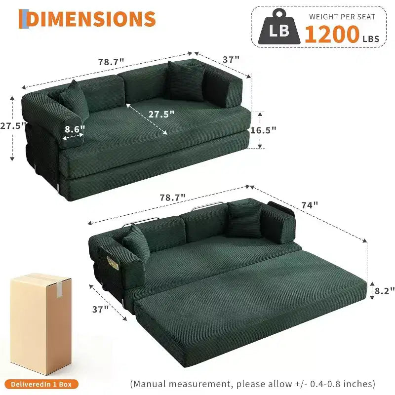 Canapé-lit convertible 200 cm avec oreillers, canapé de sol 5-en-1 en velours côtelé, causeuse matelas pliant avec cadre à forme fixe, aucun assemblage requis