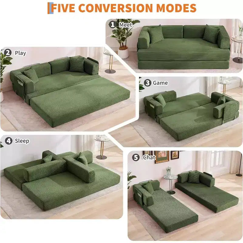 Canapé-lit convertible 200 cm avec oreillers, canapé de sol 5-en-1 en velours côtelé, causeuse matelas pliant avec cadre à forme fixe, aucun assemblage requis